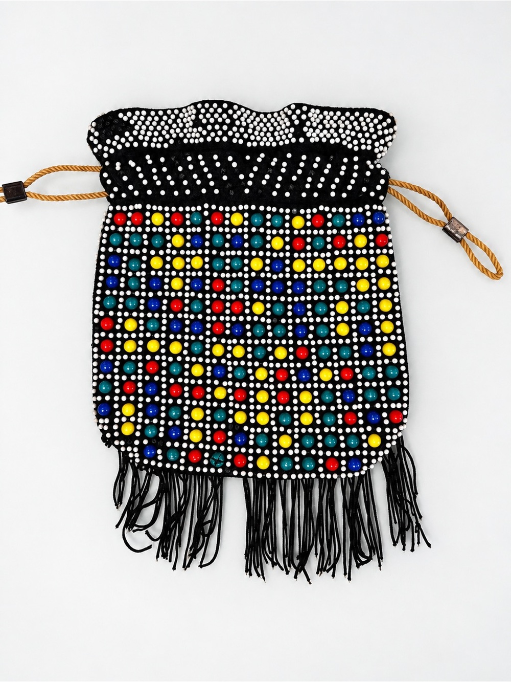 Vintage Made in Hong Kong Candy Dot Beaded Drawstring Fringe Purse Mod